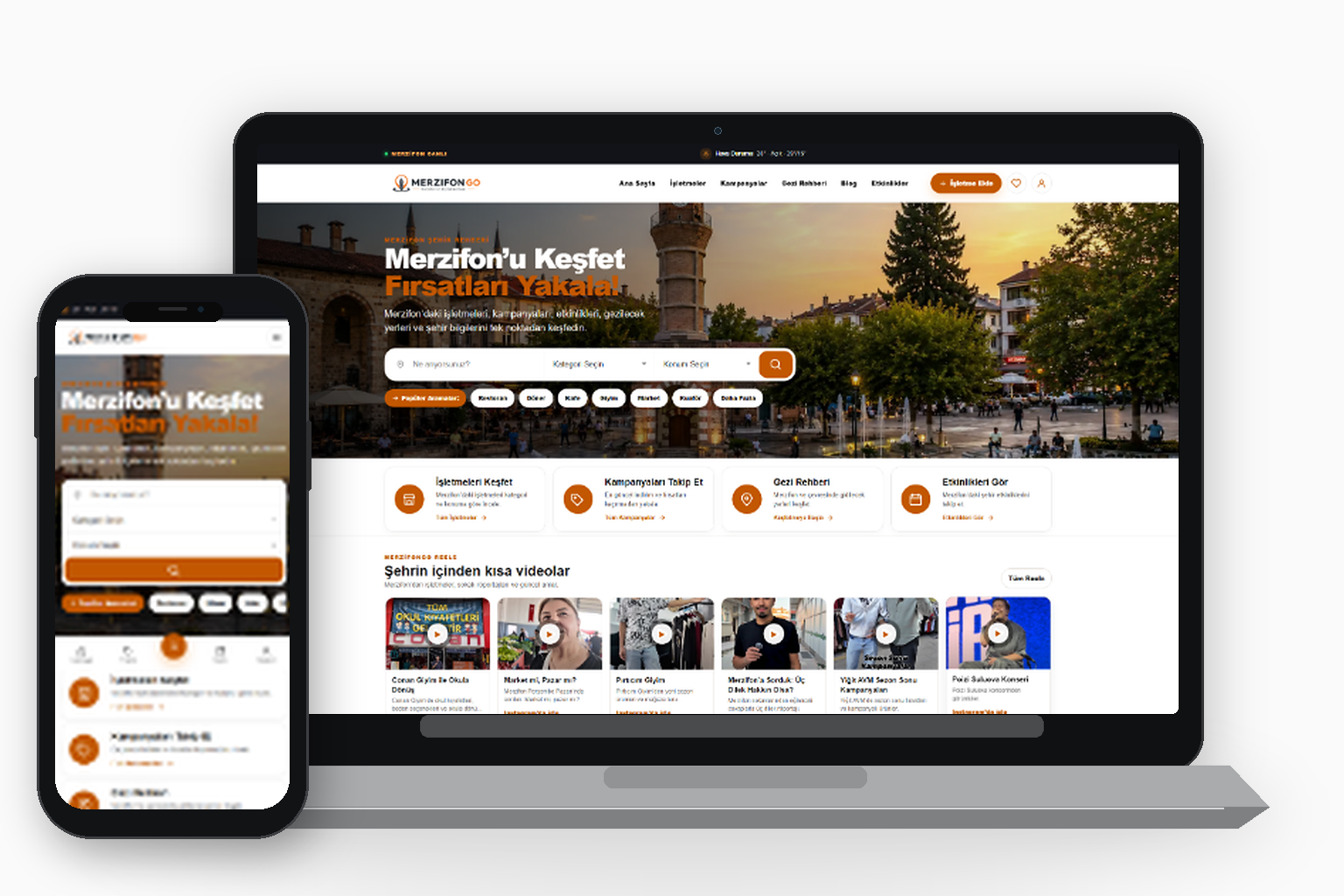 MerzifonGo web sitesi masaüstü ve mobil görünümü