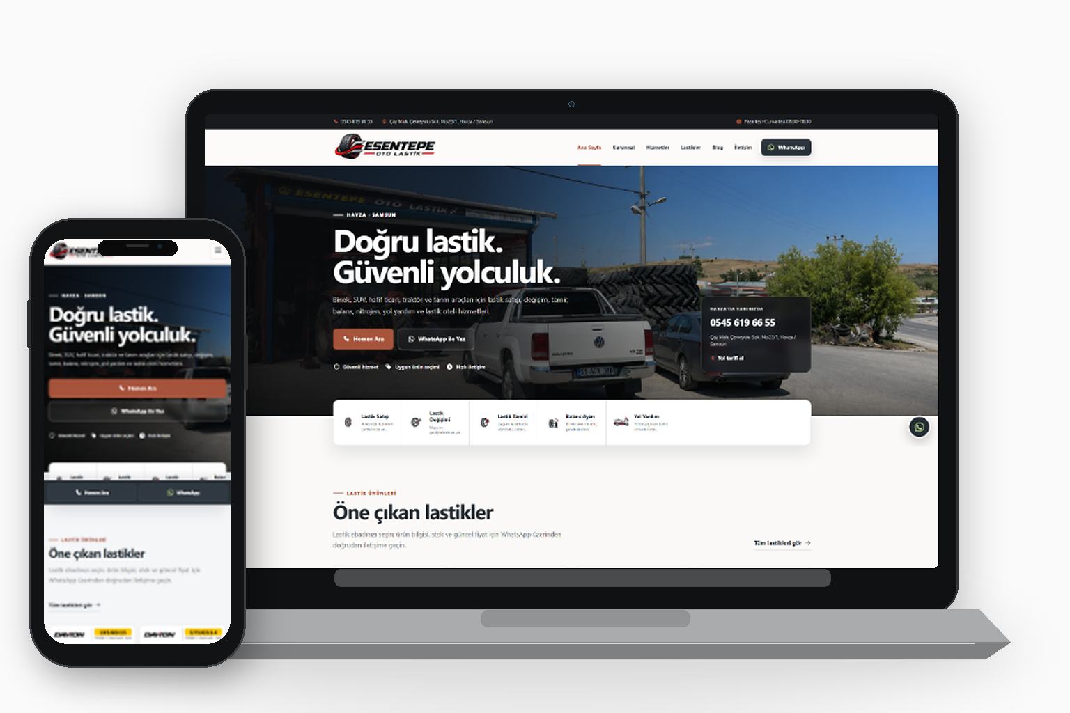 Esentepe Oto Lastik web sitesi masaüstü ve mobil görünümü