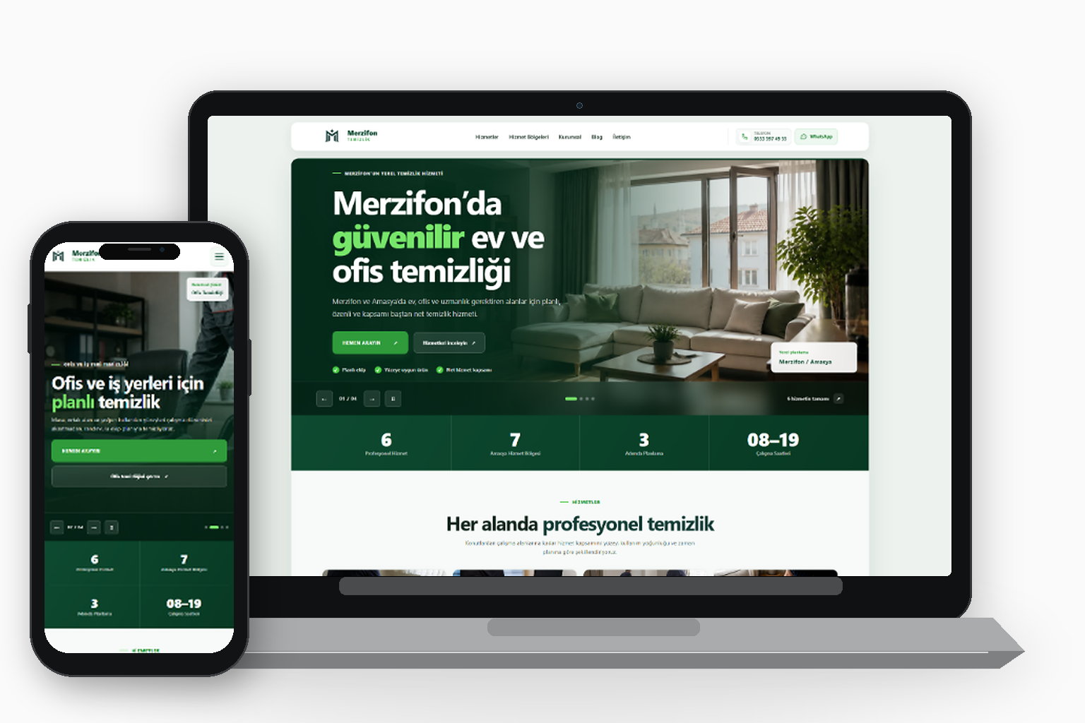 Merzifon Temizlik web sitesi masaüstü ve mobil görünümü