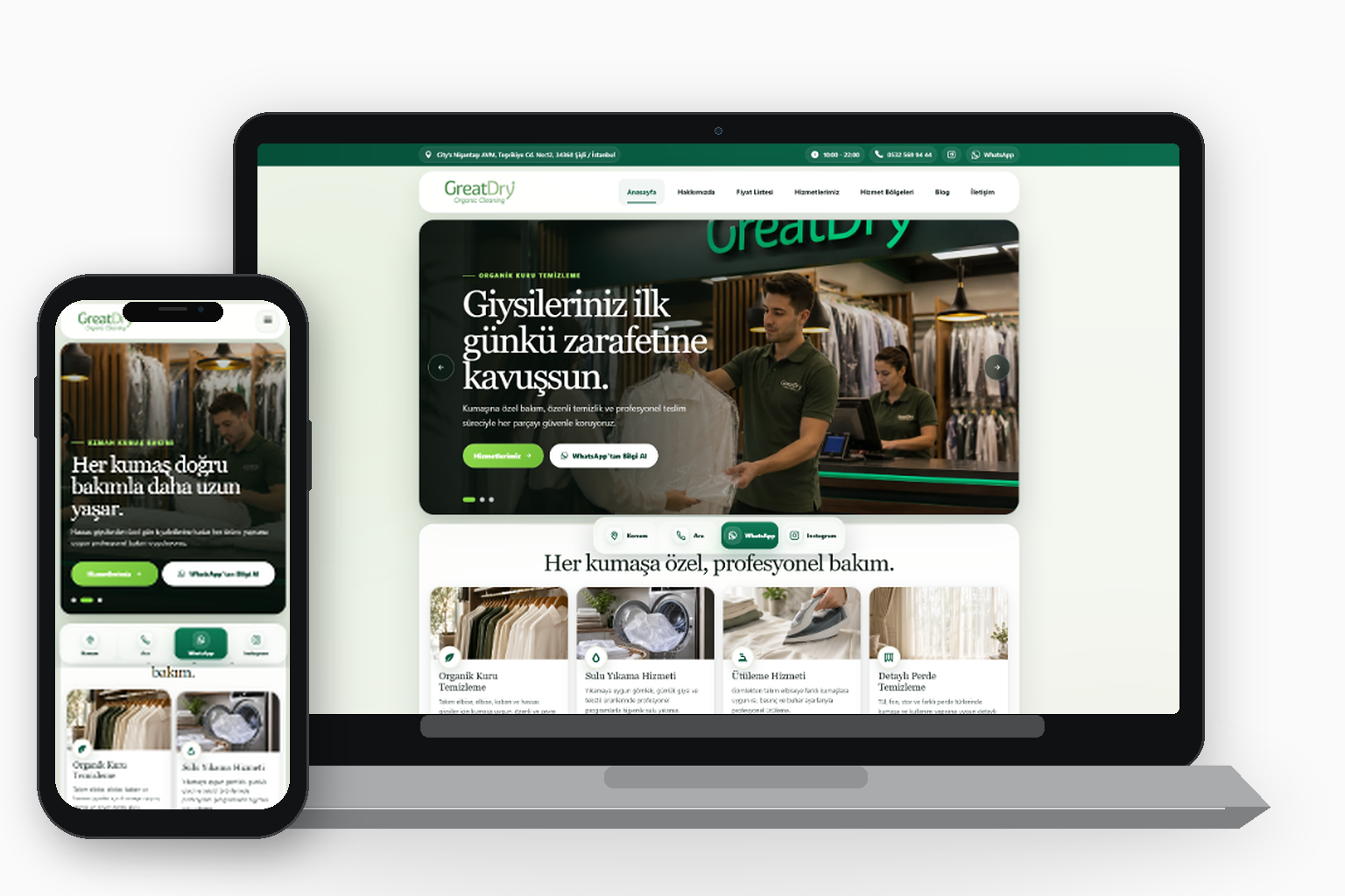 GreatDry web sitesi masaüstü ve mobil görünümü