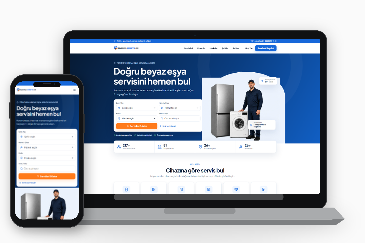 Beyaz Eşya Servis Rehberi web sitesi masaüstü ve mobil görünümü