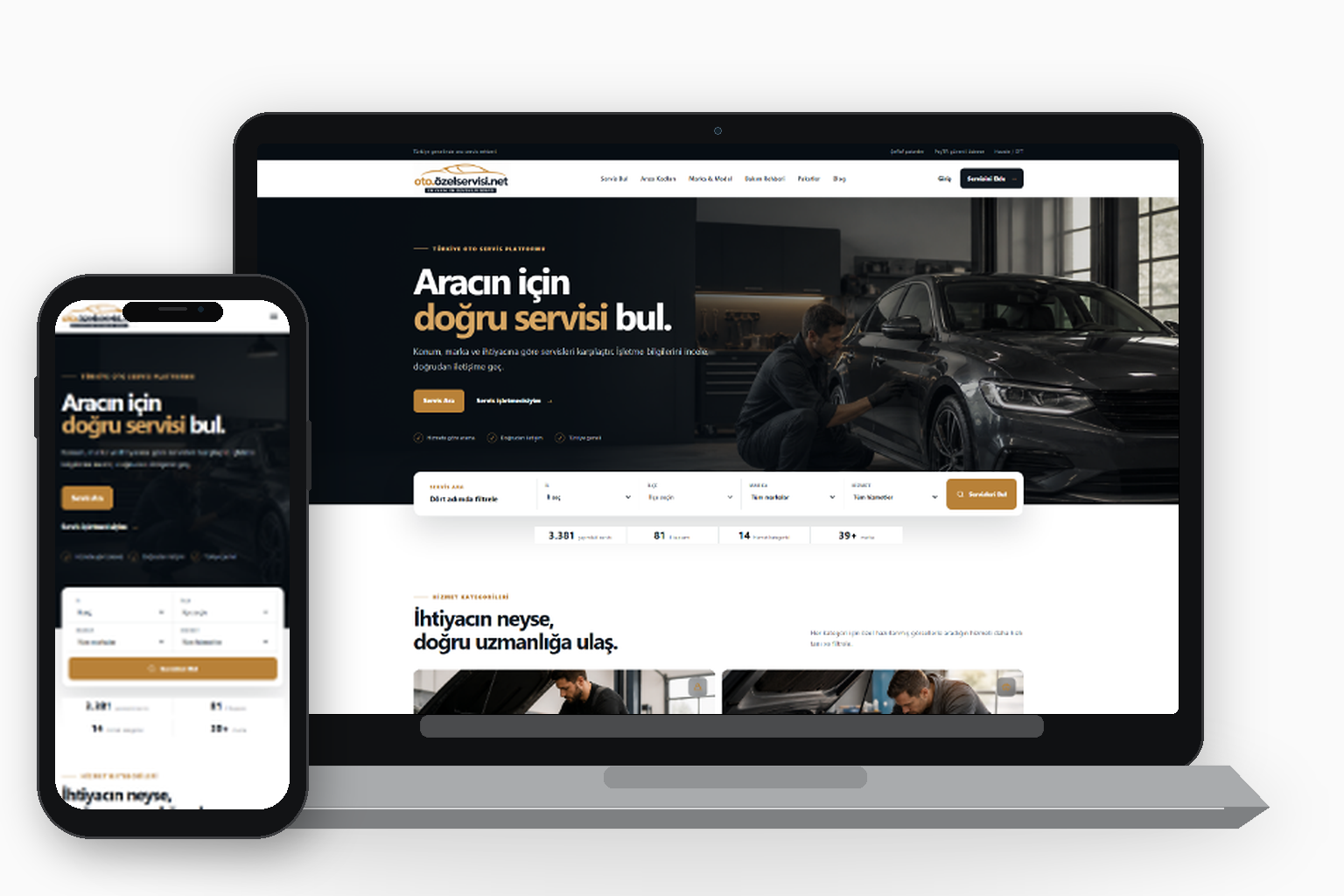 Oto Özel Servis Platformu web sitesi masaüstü ve mobil görünümü