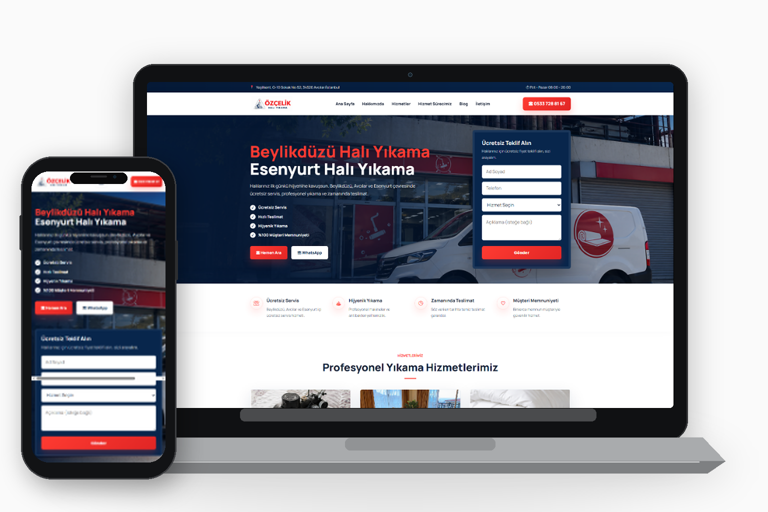 Özçelik Halı Yıkama web sitesi masaüstü ve mobil görünümü
