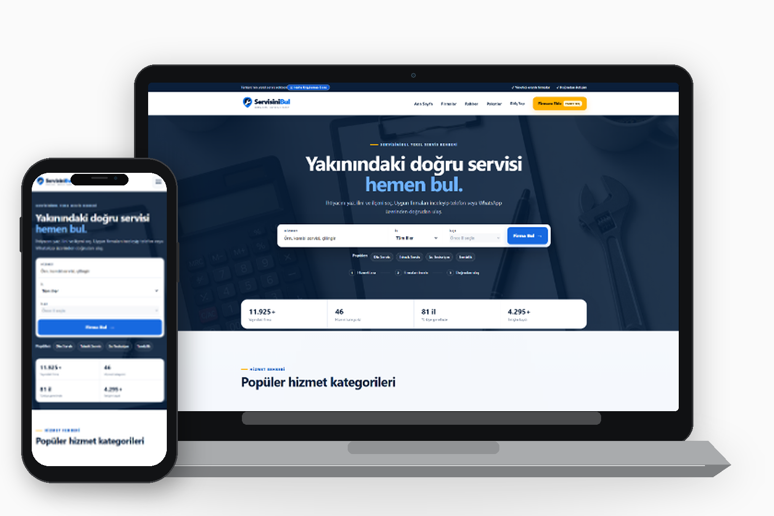 ServisiniBul web sitesi masaüstü ve mobil görünümü