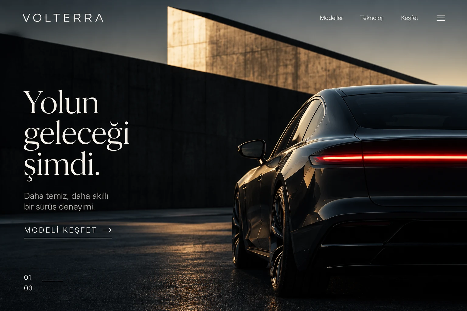 Volterra otomotiv konsept web sitesi: logo, menü ve model tanıtım arayüzü