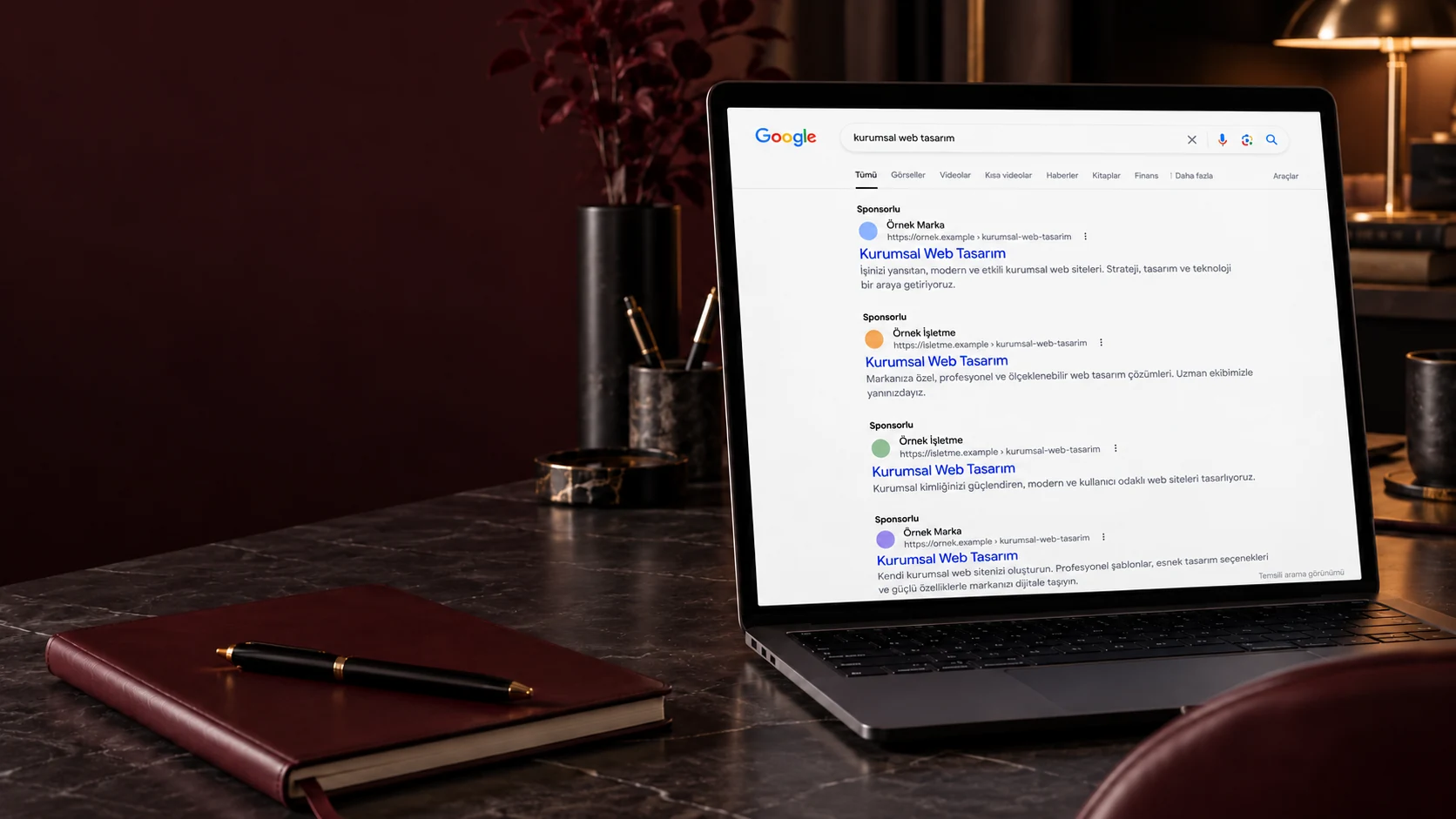 Google arama reklamlarını gösteren temsili dizüstü bilgisayar ekranı