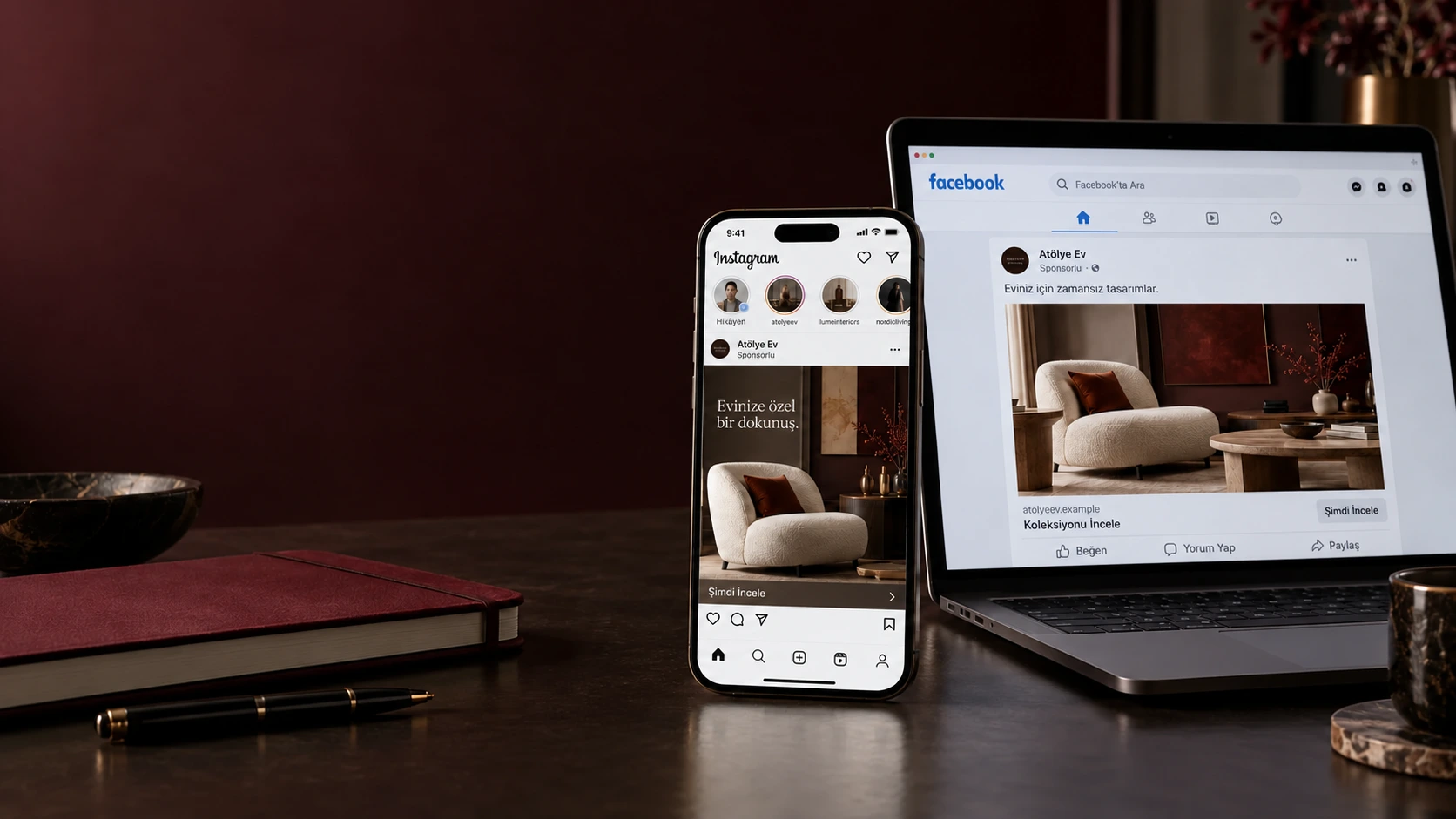 Instagram ve Facebook reklam örneklerini gösteren telefon ve bilgisayar